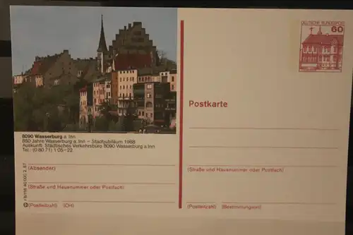 [Werbepostkarte] Bildpostkarte P 138; Teilserie "r" der Bundespost 1987:Wasserburg. 