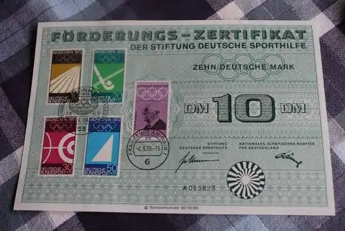 Deutschland Sporthilfe Förderungs-Zertifikat mit Olympiade-Marken 1972 München