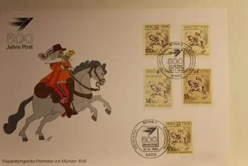 BRD; Sonderblatt,Erinnerungsblatt,Gedenkblatt: 500 Jahre Post; Fünfländer Frankatur, Stempel Bonn 1990