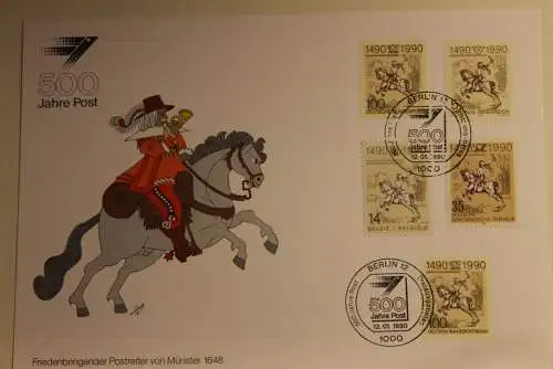 BRD; Sonderblatt,Erinnerungsblatt,Gedenkblatt: 500 Jahre Post; Fünfländer Frankatur, Stempel Berlin 1990