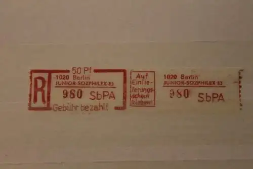 DDR 1983; Einschreibe-Gebührenzettel SbPÄ; Einschreibemarke: 1020 Berlin Junior-Sozphilex 83, **Z