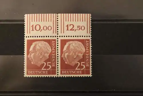 Deutschland, Freimarken:Heuss (I) mit Fluoreszenz; 25 Pf; MiNr. 186 y; waagerechtes Paar; Oberrand, MNH