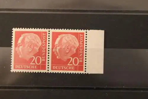 Deutschland, Freimarken:Heuss (I) mit Fluoreszenz; 20 Pf; MiNr. 185 y; waagerechtes Paar;Seitenrand, gepr. Schlegel; MNH