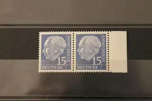 Deutschland, Freimarken:Heuss (I) mit Fluoreszenz; 15 Pf; MiNr. 184 y; waagerechtes Paar;Seitenrand, gepr. Schlegel; MNH