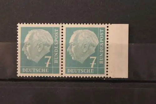 Deutschland, Freimarken:Heuss (I) mit Fluoreszenz; 7 Pf; MiNr. 181 y; waagerechtes Paar; Seitenrand, gepr. Schlegel; MNH