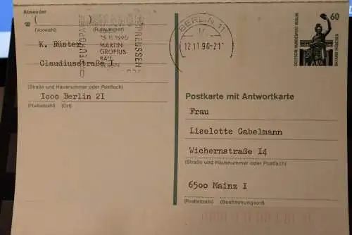 Berlin 1990; Sehenswürdigkeiten Ganzsache Postkarte mit Antwortkarte P 138, gebraucht