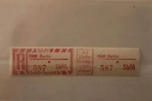 DDR 1968 SbPA - Einschreibe-Gebührenzettel  1020 Berlin a; 587; I **Z