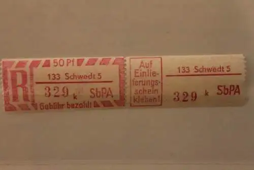 DDR 1968 SbPA - Einschreibe-Gebührenzettel  133 Schwedt 5; 329 k II **Z