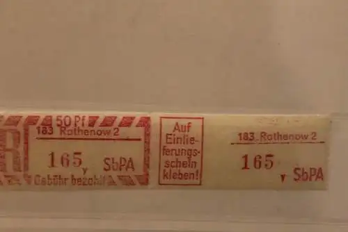 DDR 1968 SbPA - Einschreibe-Gebührenzettel  183 Rathenow 2; 165 y I **Z