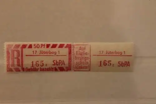 DDR 1968 SbPA - Einschreibe-Gebührenzettel  17 Jüterbog 1; 165 z II **Z