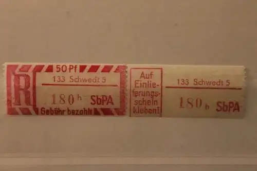 DDR 1968 SbPA - Einschreibe-Gebührenzettel  133 Schwedt 5; 180 h II **Z