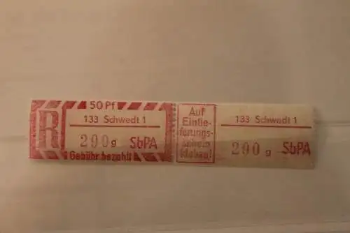 DDR 1968 SbPA - Einschreibe-Gebührenzettel  133 Schwedt 1; 290 g II **Z