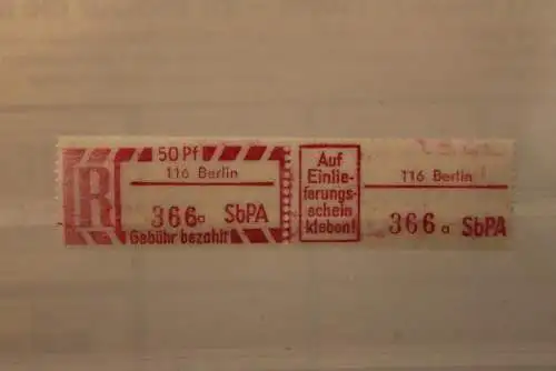 DDR 1968 SbPA - Einschreibe-Gebührenzettel  116 Berlin; 366 a II **Z