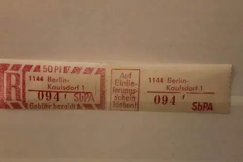 DDR 1968 SbPA - Einschreibe-Gebührenzettel  1144 Berlin-Kaulsdorf 1, 094 f I **Z