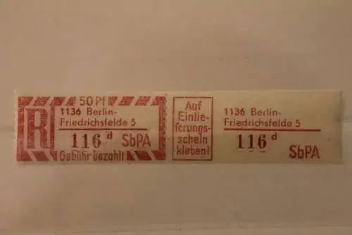 DDR 1968 SbPA - Einschreibe-Gebührenzettel  1136 Berlin- Friedrichsfelde, 116 d I **Z