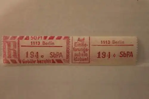 DDR 1968 SbPA - Einschreibe-Gebührenzettel  1113 Berlin, 194 a II **Z