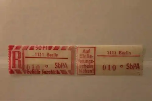 DDR 1968 SbPA - Einschreibe-Gebührenzettel  1111 Berlin, 010 a  II**Z