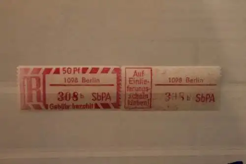 DDR 1968 SbPA - Einschreibe-Gebührenzettel  1098 Berlin, 308 b  II**Z