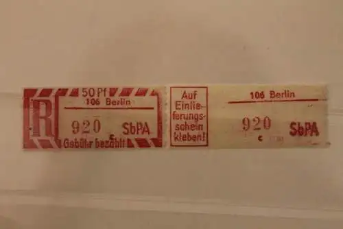 DDR 1968 SbPA - Einschreibe-Gebührenzettel  106 Berlin, 920 c I **Z