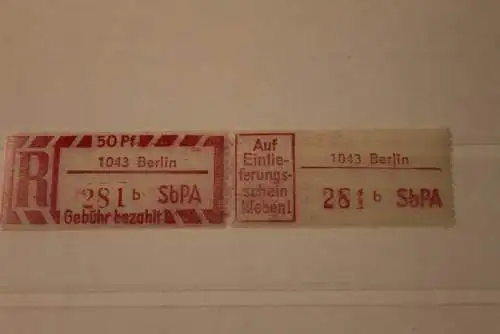 DDR 1968 SbPA - Einschreibe-Gebührenzettel  1043 Berlin, 281 b II **Z