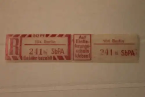 DDR 1968 SbPA - Einschreibe-Gebührenzettel  104 Berlin, 241 b I **Z