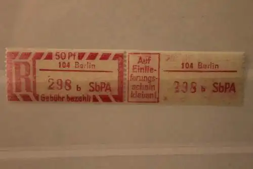 DDR 1968 SbPA - Einschreibe-Gebührenzettel  104 Berlin, 298 b II **Z