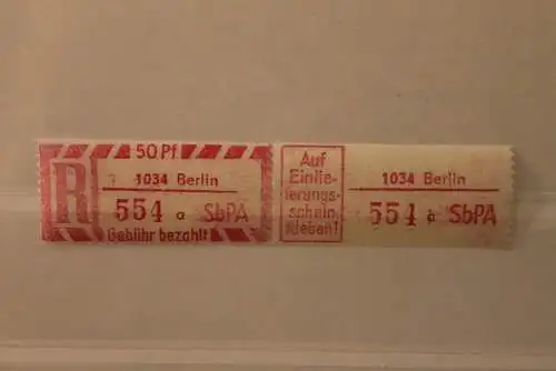 DDR 1968 SbPA - Einschreibe-Gebührenzettel  1034 Berlin, 554 a II **Z