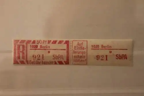 DDR 1968 SbPA - Einschreibe-Gebührenzettel  1020 Berlin, 921 a I **Z