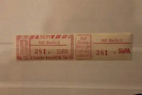 DDR 1968 SbPA - Einschreibe-Gebührenzettel  102 Berlin 2 , 381 c II **Z