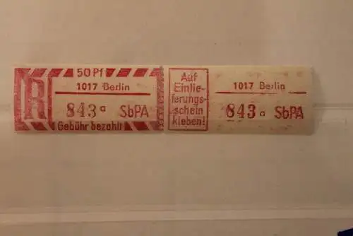 DDR 1968 SbPA - Einschreibe-Gebührenzettel  1017 Berlin , 843 a I **Z