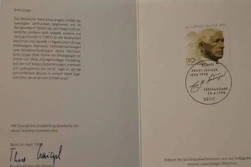 Ministerkarte aus 1998: Ernst Jünger; MiNr. 1984