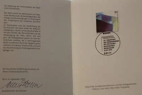 Ministerkarte aus 1999: Verleihung des Friedenspreises; MiNr. 2075