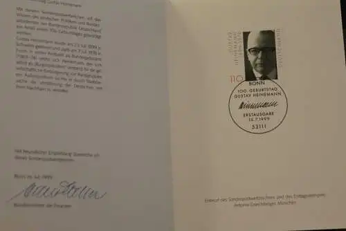 Ministerkarte aus 1999: Gustav Heinemann; MiNr. 2067