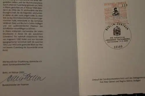 Ministerkarte aus 2000: Johannes Gutenberg; MiNr. 2098