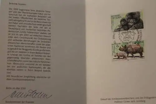 Ministerkarte aus 2001: Bedrohte Tierarten:Berggorilla und Panzernashorn; MiNr. 2182-83