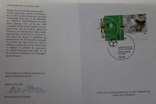 Ministerkarte aus 2002: Fußballweltmeister im 20. Jahrhundert; MiNr. 2258-59