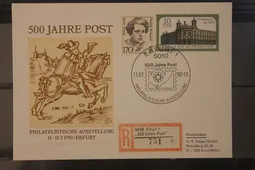 DDR 1990; Erfurt "500 Jahre Post" mit Sonder-Einschreibezettel auf Ganzsache, Mischfrankatur