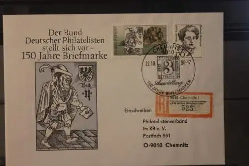 DDR 1990; Chemnitz 150 Jahre Briefmarke, Sonder-Einschreibezettel auf Brief;Mischfrankatur