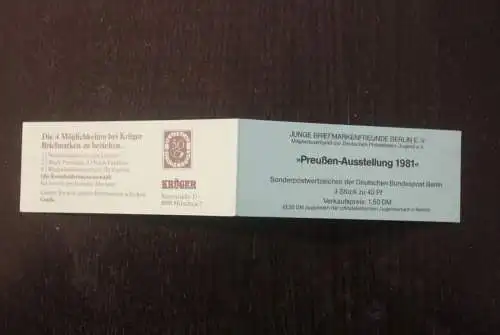 Berlin 1981; MH Privat Junge Briefmarkenfreunde Berlin e.V. "Preußen-Ausstellung 1981", MNH