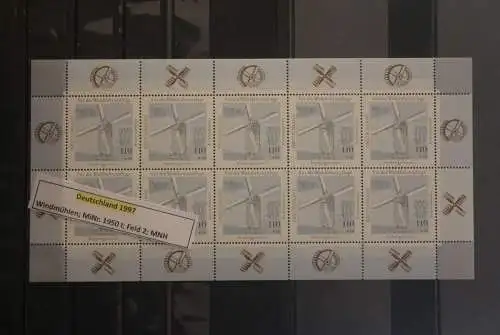 Deutschland 1997; Für die Wohlfahrt: Windmühlen; Zehnerbogen der MiNr. 1950; MNH mit Plattenfehler PF I; Feld 2