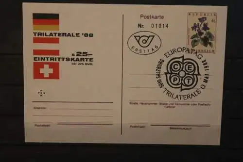 Österreich 1988; Europa - Tag CEPT Ganzsache; Dauerkarte zur Trilaterale '88;  SST