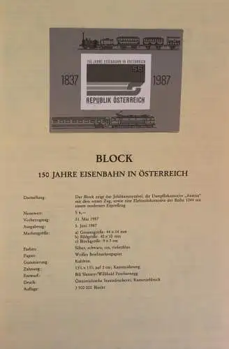 Schwarzdruck auf Schwarzdruckblatt Österreich 1987 zur Ausgabe: Block 150 Jahre Eisenbahn in Österreich