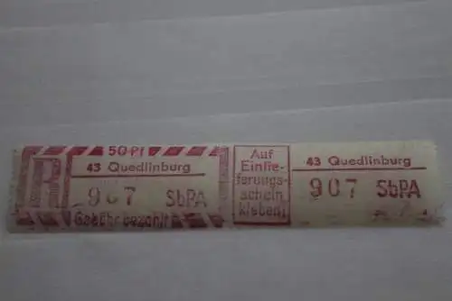 DDR 1968; SbPA Einschreibemarke Gebührenzettel  MiNr. 2; 43 Quedlinburg **Z