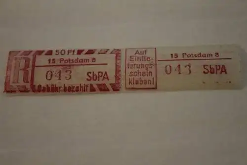 DDR 1968; SbPA Einschreibemarke Gebührenzettel  MiNr. 2; 15 Potsdam 8 **Z