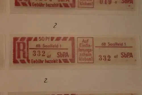 DDR 1968;Einschreibe-Gebührenzettel SbPÄ; Einschreibemarke MiNr. 2; 68 Saalfeld 1; af; **Z