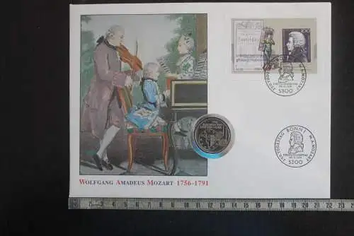 Deutschland 1991; W.A.Mozart;  Numisbrief; Münzbrief; FDC mit Block 26 und 5 DM-Münze