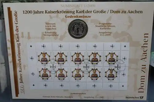 Deutschland Numisblatt  1/2000 "1200 Jahre Kaiserkrönung Karl der Große / Dom zu Aachen"