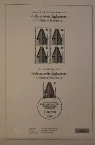 Deutschland, Sonderblatt,Erinnerungsblatt,Gedenkblatt,Schwarzdruck:Sehenswürdigkeiten 40 Pf. Chilehaus 1988