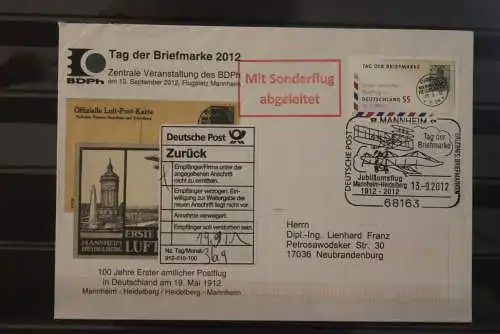 Sonderflug Jubiläumsflug Mannheim-Heidelberg 13.9.2012;BdPh-Veranstaltung zum Tag der Briefmarke 2012