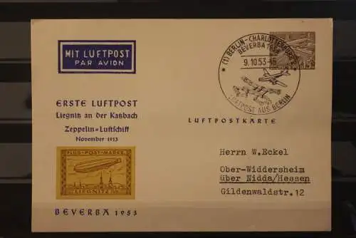 Berlin 1953; Ganzsache BEVEBRA 1953; MiNr. 48, Sonderstempel Erste Luftpost, Luftpostkarte, selten